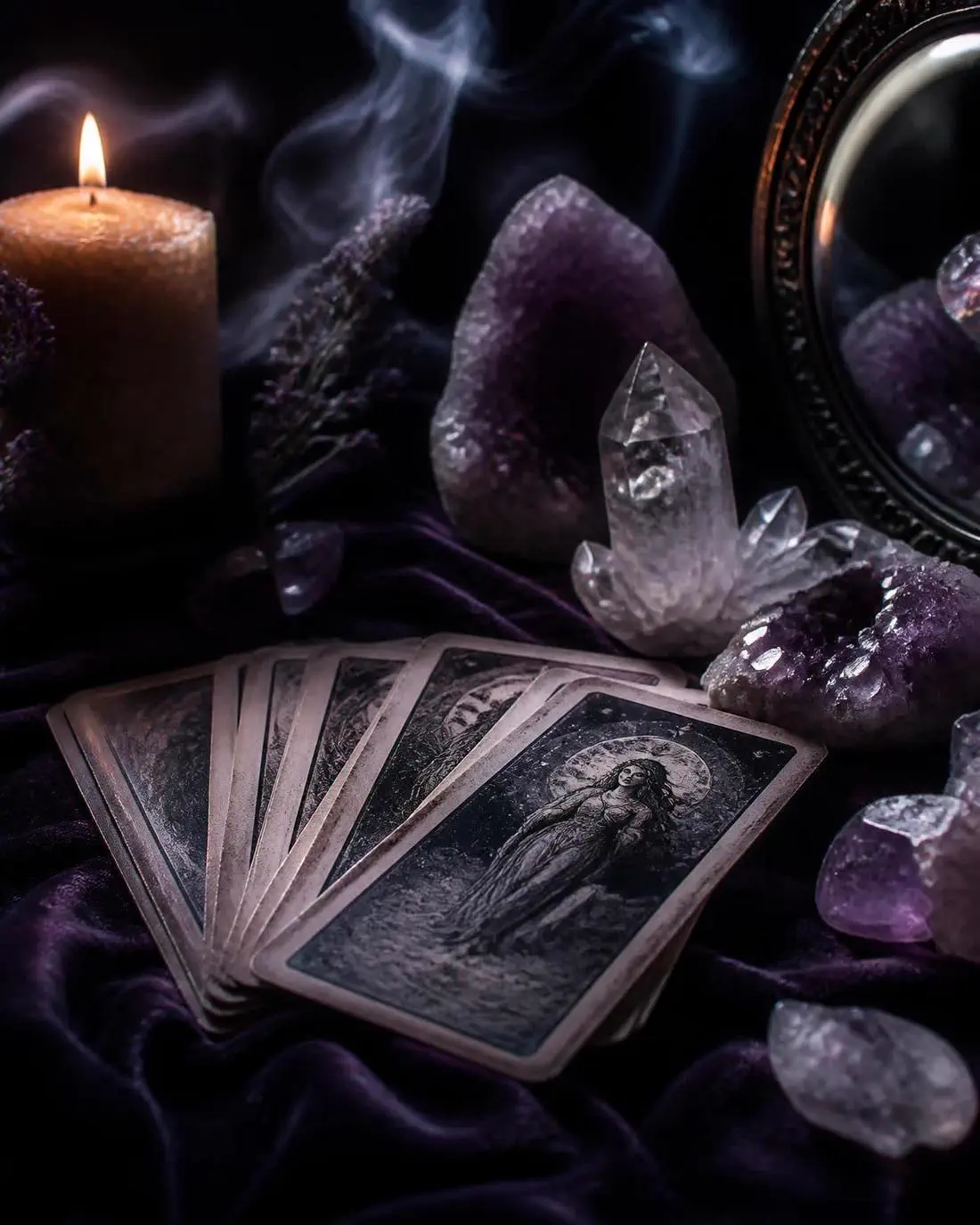 Tarotkort i en trekortsläggning på mörkt bord
