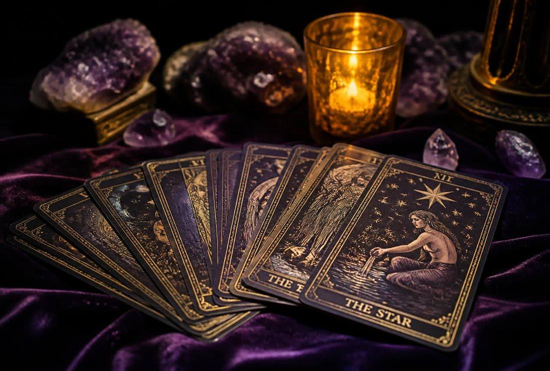 Tarotkort utlagda i en trekortsläggning på mörkt tyg